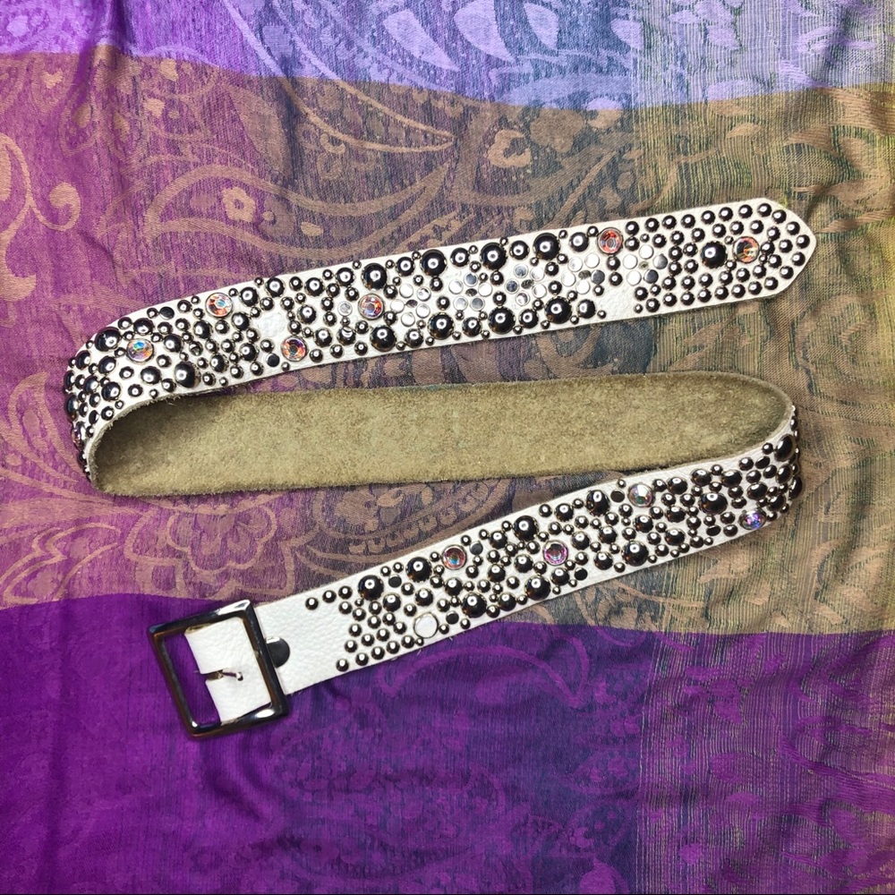 Studded & Bejeweled White Leather Belt